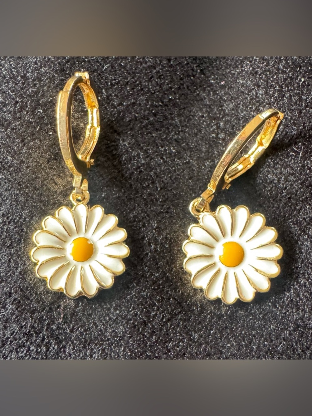 Gold Daisy Drop Earrings - White and Yellow Floral Hoop Dangles